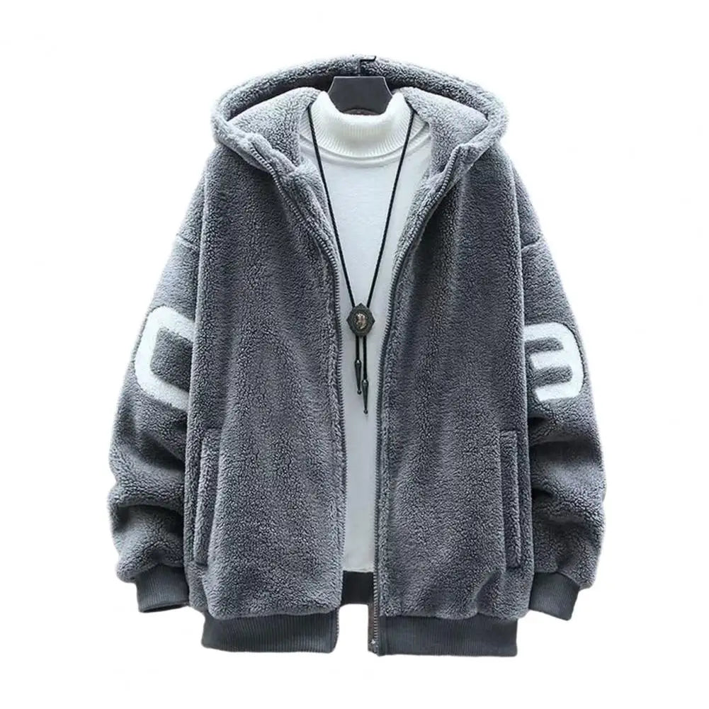 Faux Sherpa Thickened Men Jacket Zipper Closure Pockets Hooded Jackets Casual Thickened Sherpa Lining Winter Warm Men's Jackets