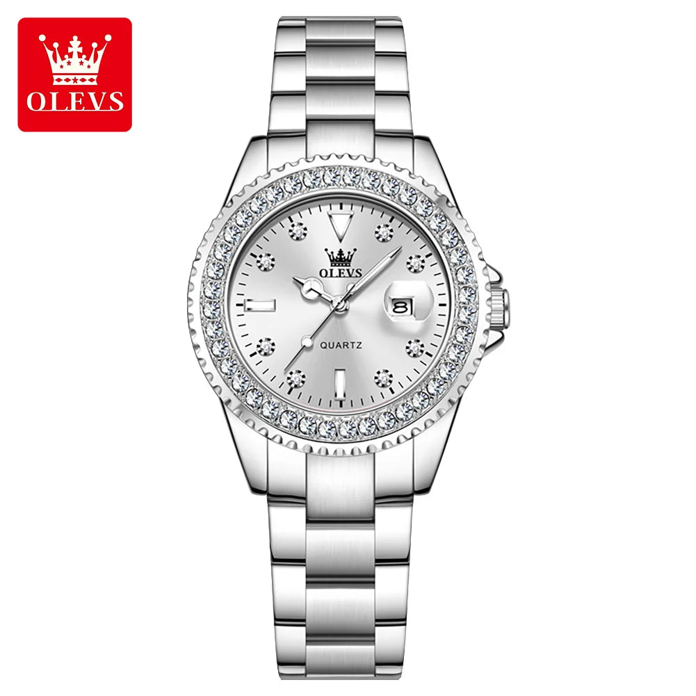 OLEVS New Elegant Women Wristwatch Waterproof Luminous Calendar Ladies Watch Stainless Steel Red Quartz Women's Watches Female