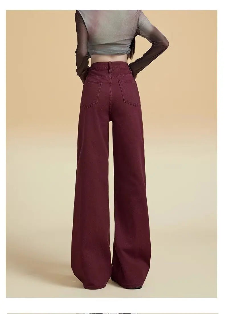 Women's Street Style Wide Leg Red Jeans American Vintage Casual Denim Trousers Female High Waist Loose Straight Pants