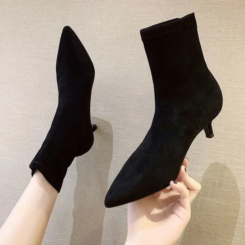 Comemore 2021 Autumn Winter High Heel Women's Shoes Pointed Toe Stiletto Ankle Boots Stockings Black Girls' Socks Boots Dress 34