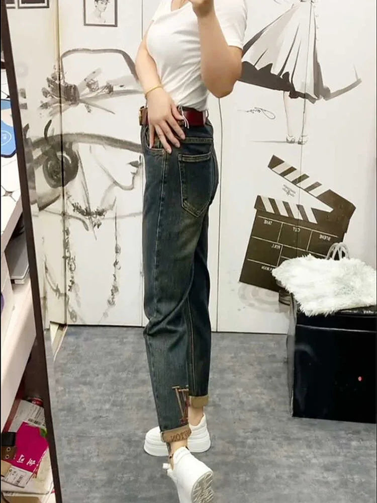 NEW Spring Autumn High Waist Straight Jeans Loose Fit Stretch Haren Denim Pants Ladies Ankle-Length Jeans Pants 2024