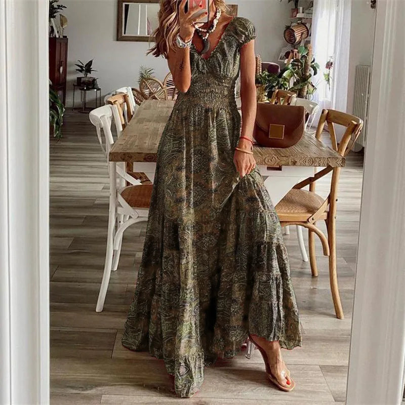 Women's Summer New Ethnic Style Printed Dress Short-sleeved Waist Dress Fashionable Floral Petal Sleeves Large Hem A-line Dress