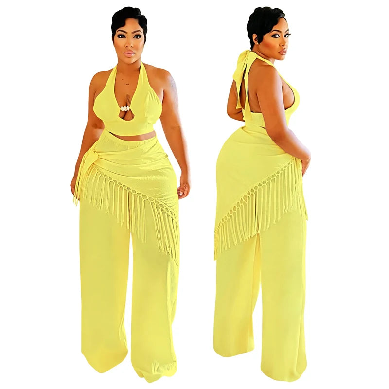 Sexy Two Piece Sets Woman Festival Outfit Birthday Club Party Bandage Halter Backless Crop Top and Tassel Pants Matching Sets
