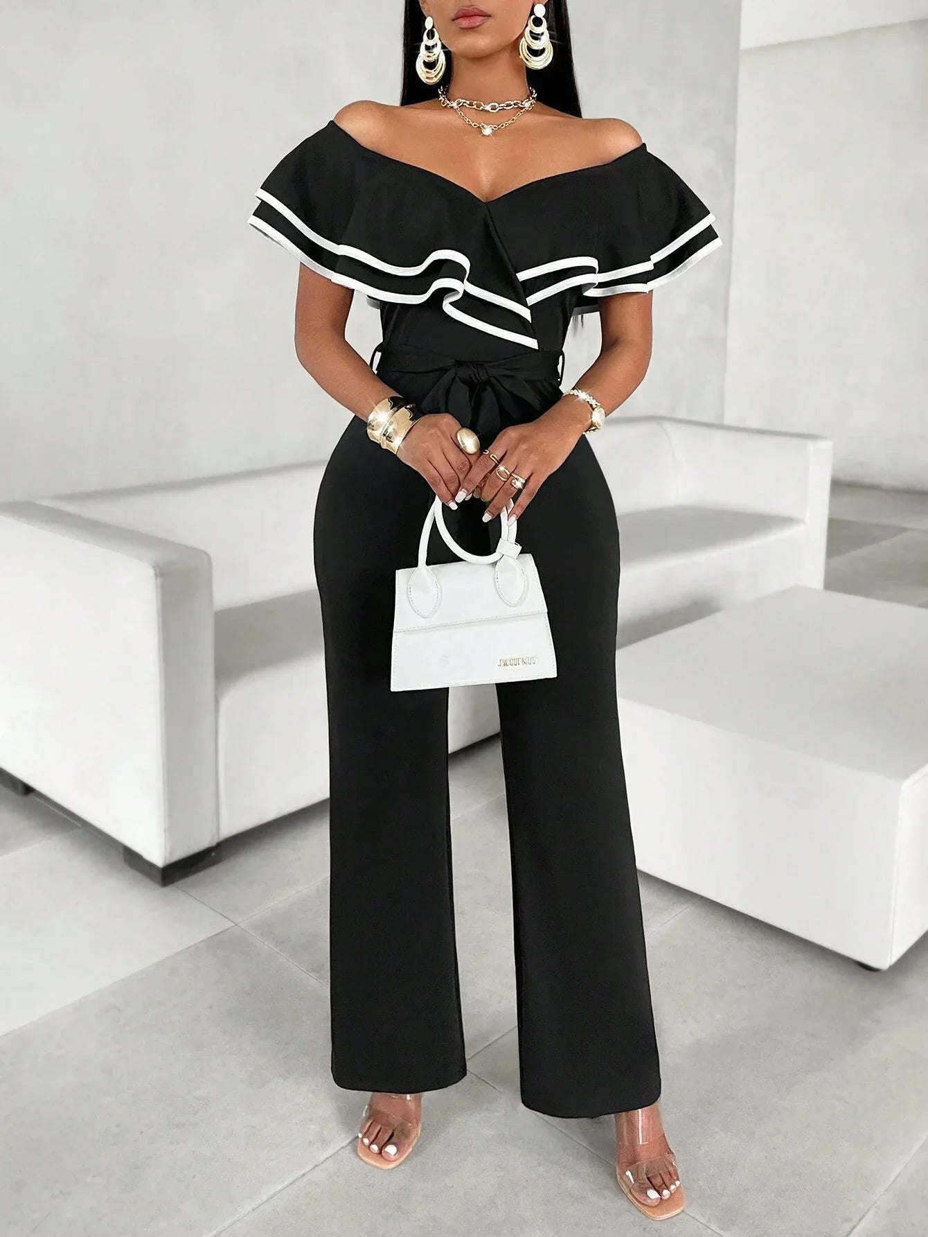 Sexy Color Wide Leg Jumpsuit Women's High Waist Long Pants Spring Thin Polyester Comfortable Commute Style One-Piece Suit