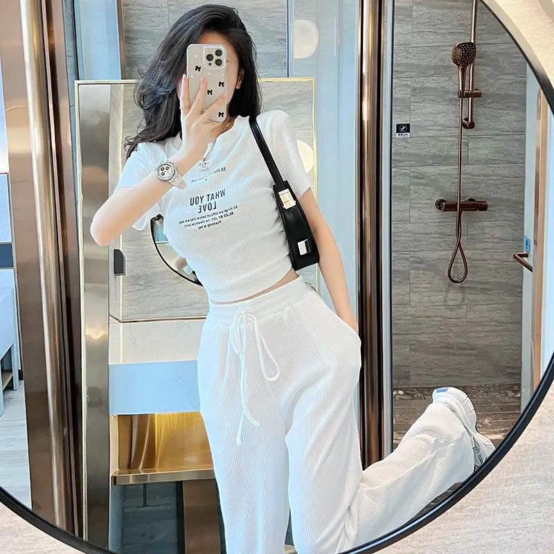 Summer casual sports style spicy girl sexy short sleeved top+fashionable wide leg pants two-piece set