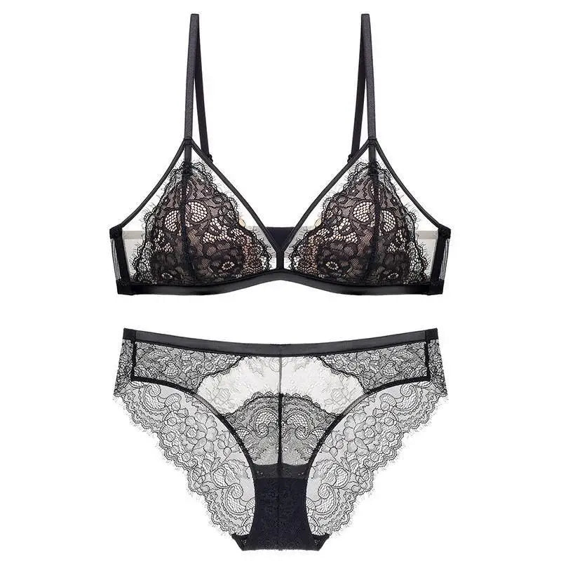 Sexy Lace Mesh Wireless Bra Set Bra Soft Triangle Cup Bralette Panties Set Thin Lined Transparent Set Underwear Women Lingerie
