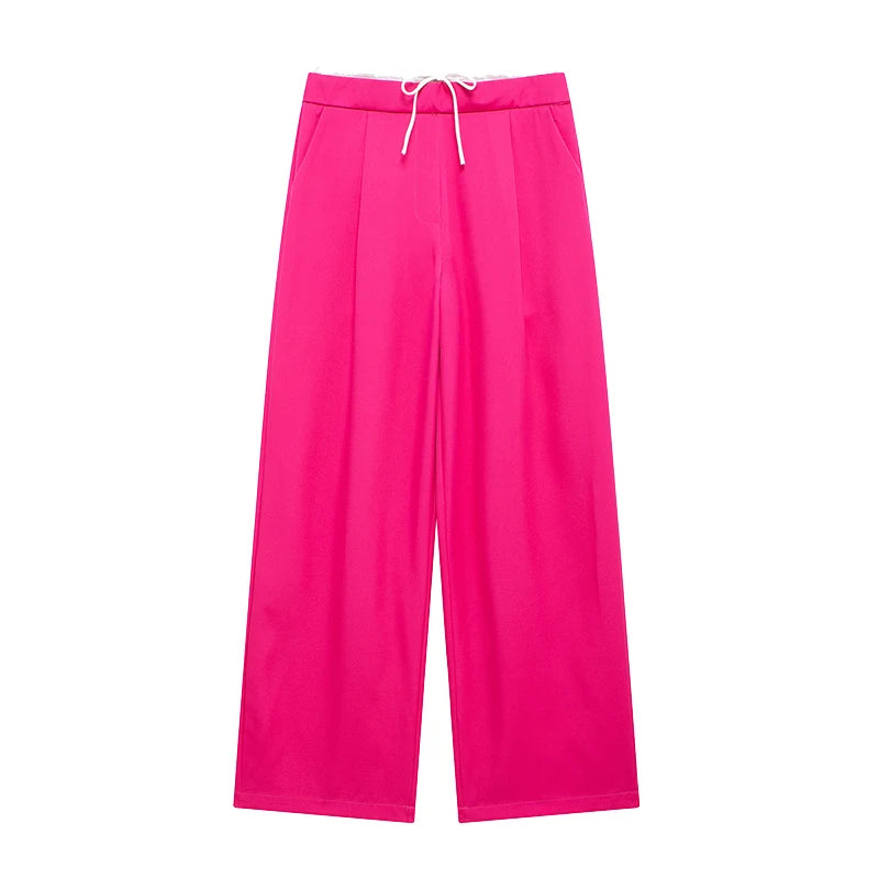Willshela Women Fashion Solid Lace Up Side Zipper Straight Pants Vintage High Elastic Waist Female Chic Lady Trousers