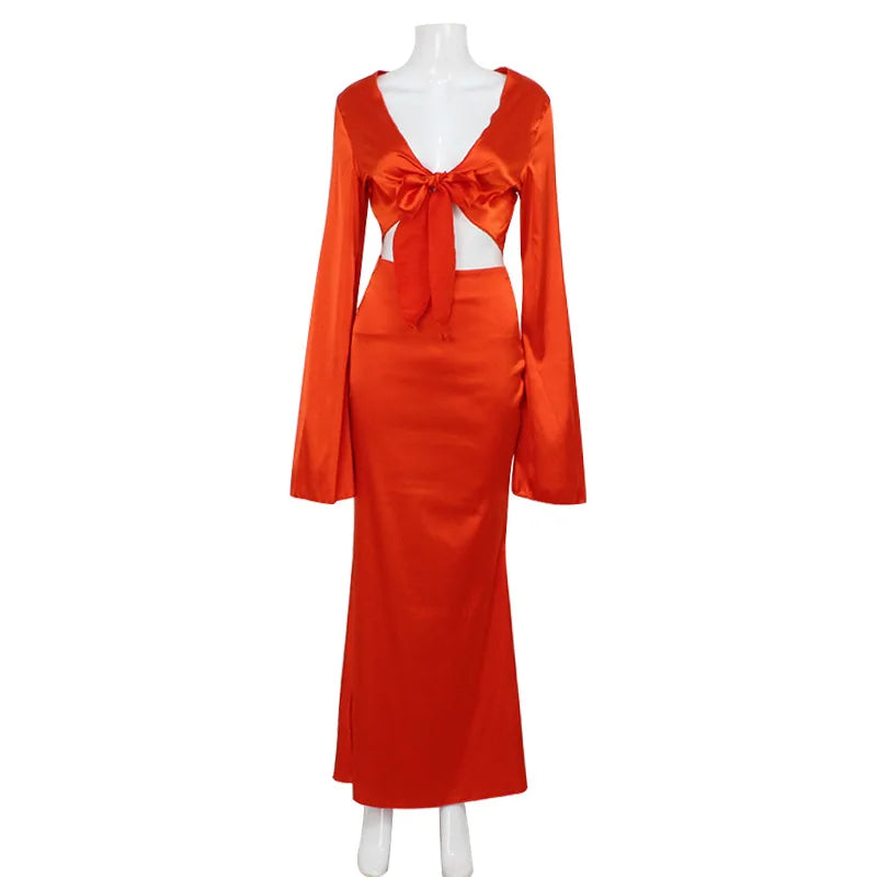 Suits Sets Women Fashion Sexy Streetwear Solid Flare Sleeves Deep V-Neck Tracksuits (Tops+Long Skirts)Matching 2 Pieces Female