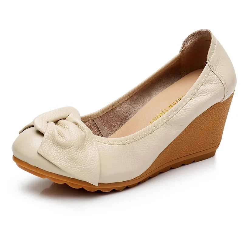 Genuine Leather 7cm High Heels Women Wedge Shoes Elegant Ladies Pure Black Beige Soft Comfortable