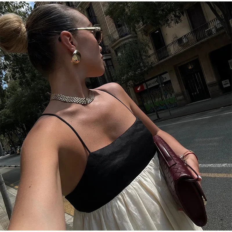 Contrast Splicing Loose Sling Long Dresses Women Square Collar Sleeveless Backless High Waist Dress 2024 Summer Lady Street Robe