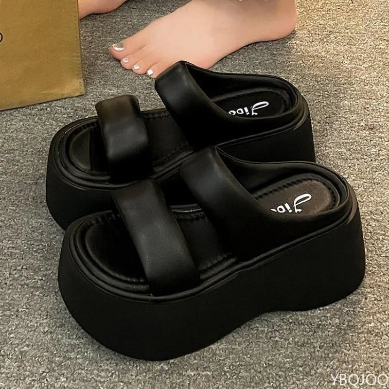 Summer 2025 Women's Fashionable Wedge Heels Slides Chunky Sandals High Heels casual Woman Beach Thick Bottom comfort Flip Flops