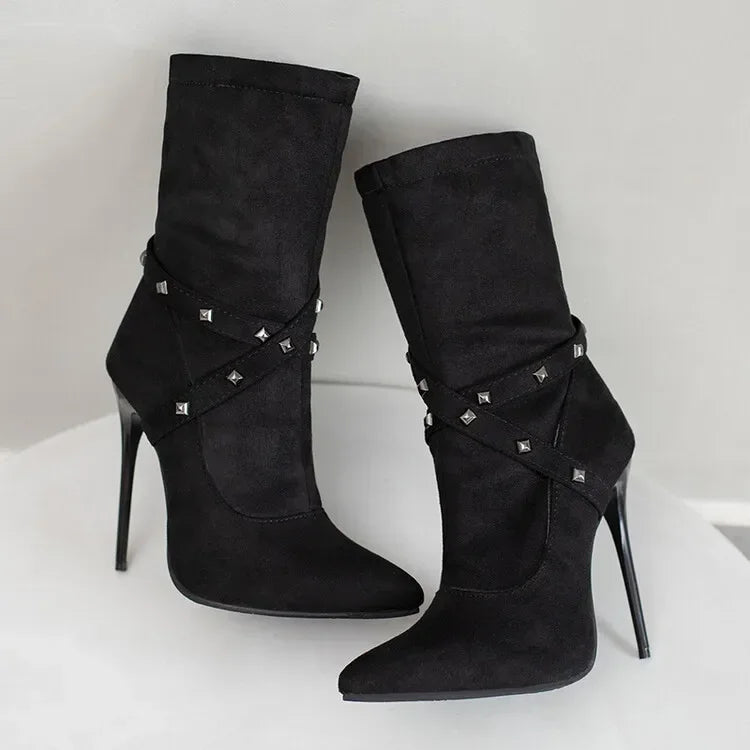 Autumn winter British style fashion high-heeled women's boots pointed toe Rivets party women's shoes high 12cm plus size 34-48
