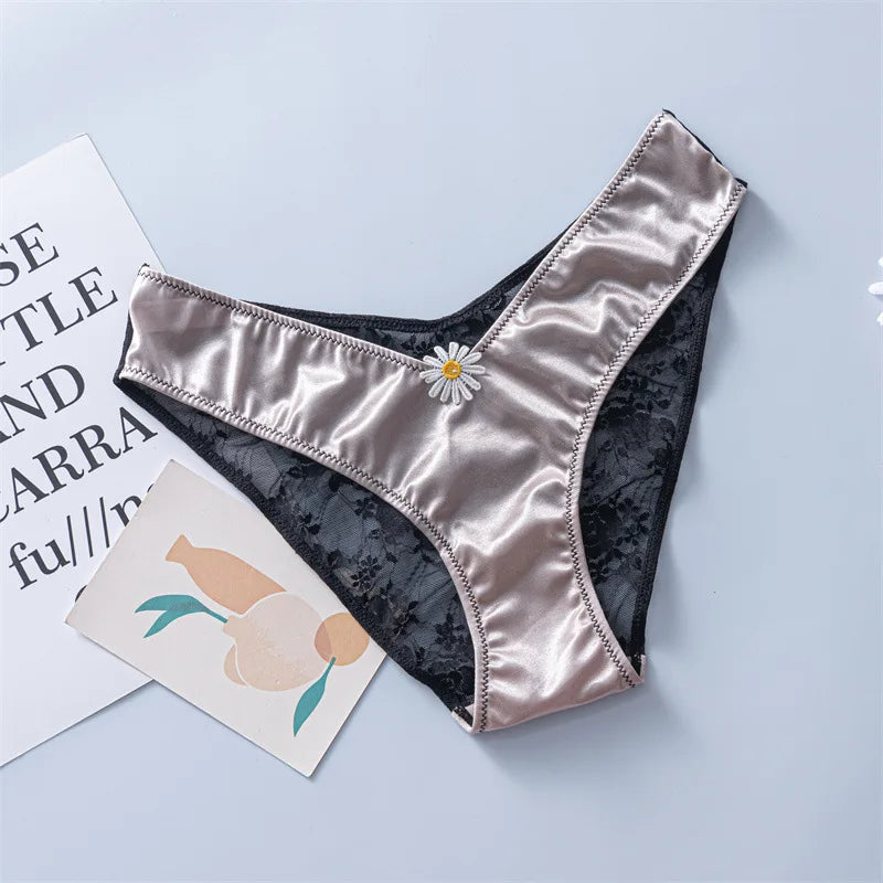 European Sizes Satin Luxury Style Women Sexy Low Waist V Shape Lace Flower Underwear Breathable High Stretch Soft Panties Breifs