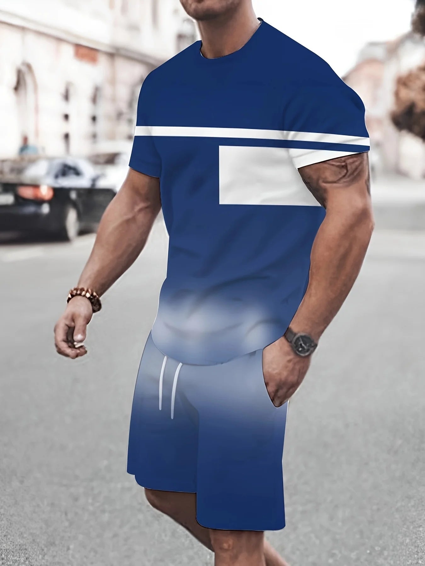 New Summer Men's Sportswear Striped Short-Sleeve T-Shirt Set Two-Piece Outdoor Travel Apparel Relaxed-Fit Shorts Training Wear