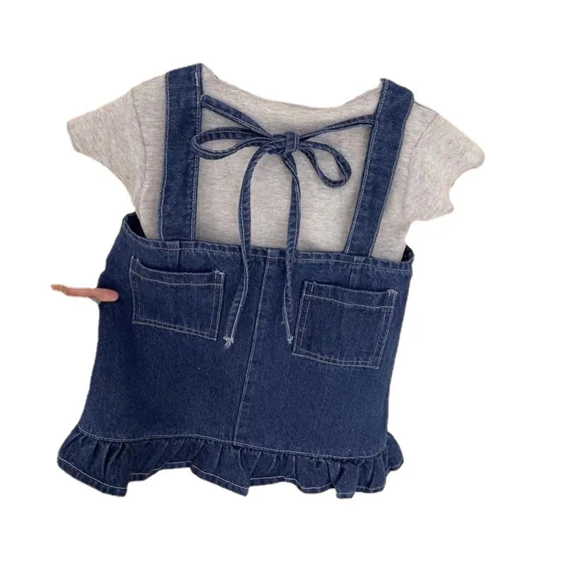 Summer Girls' Clothing Sets Casual Style Pocket Denim Suspender Dress +Short Sleeve 2Pcs Baby Kids Children Clothes Suit