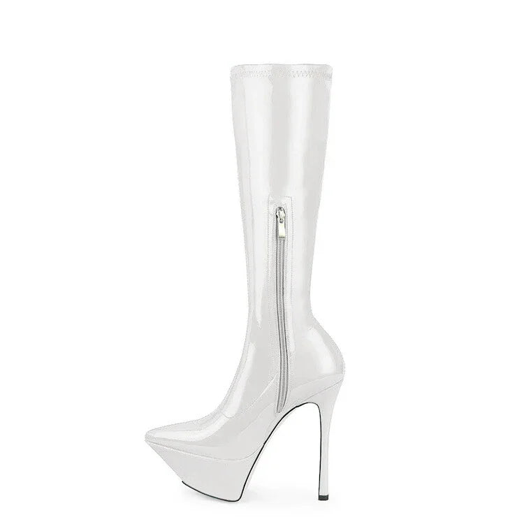 New Women Knee High Boots Patent Leather Pointed 15cm High Heels Winter Short Plush Waterproof Platform Girl Boots Large 34-45