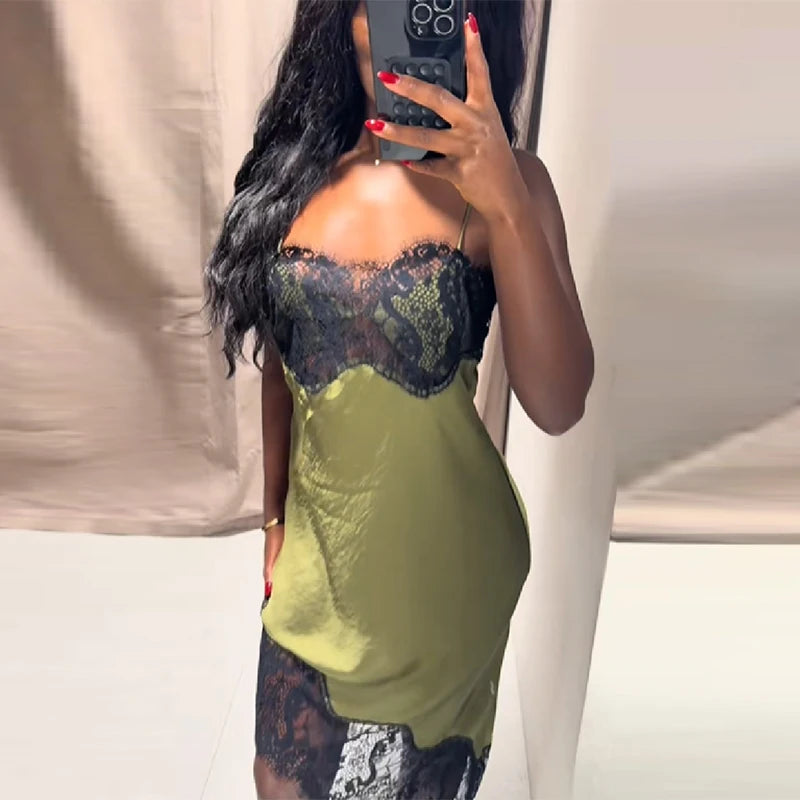 Women Vintage Elegance Knee-length Skirt Lace Edged O-neck Exposed Waist Brown Dress 2025 New Lady Party Club Fashion Clothing