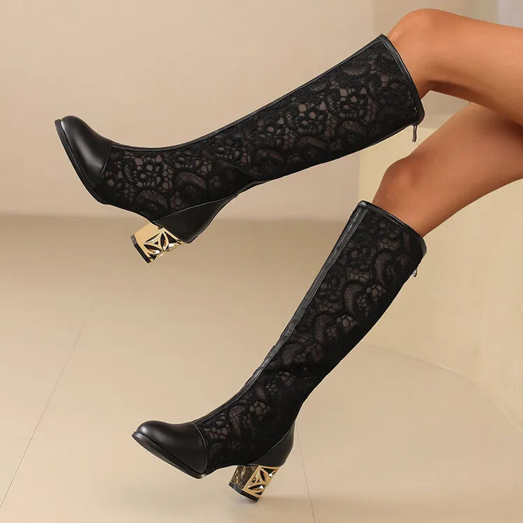 Vintage Hollow Embroider Mesh Surface Knee Length Women's Boot 5.5cm Thick Heel Fashion Women's Boot 34-47 Summer Cool Boots