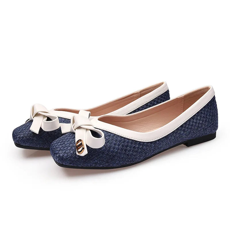 Women's Shoes 2025 New Woven Bow Square Toe Women's Ballet Flats Female Soft Sole Large Fashion Women's Shoes Chaussure Femme