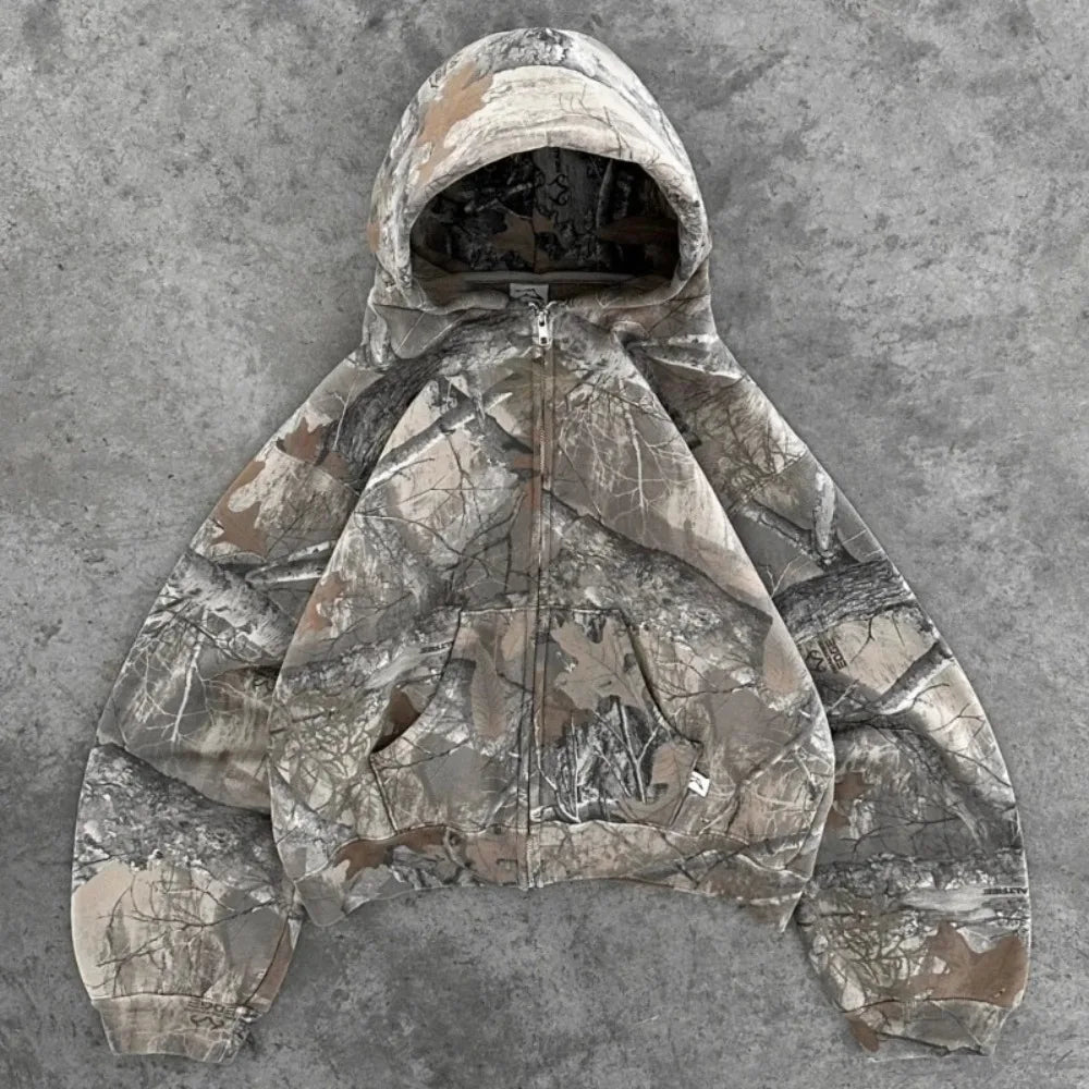 Sweatshirt Hoodie Y2K Retro zip up Camouflage Pattern zipper High Street Hip Hop Streetwear Oversized Unisex Camo Hoodie BAZAARHUBO