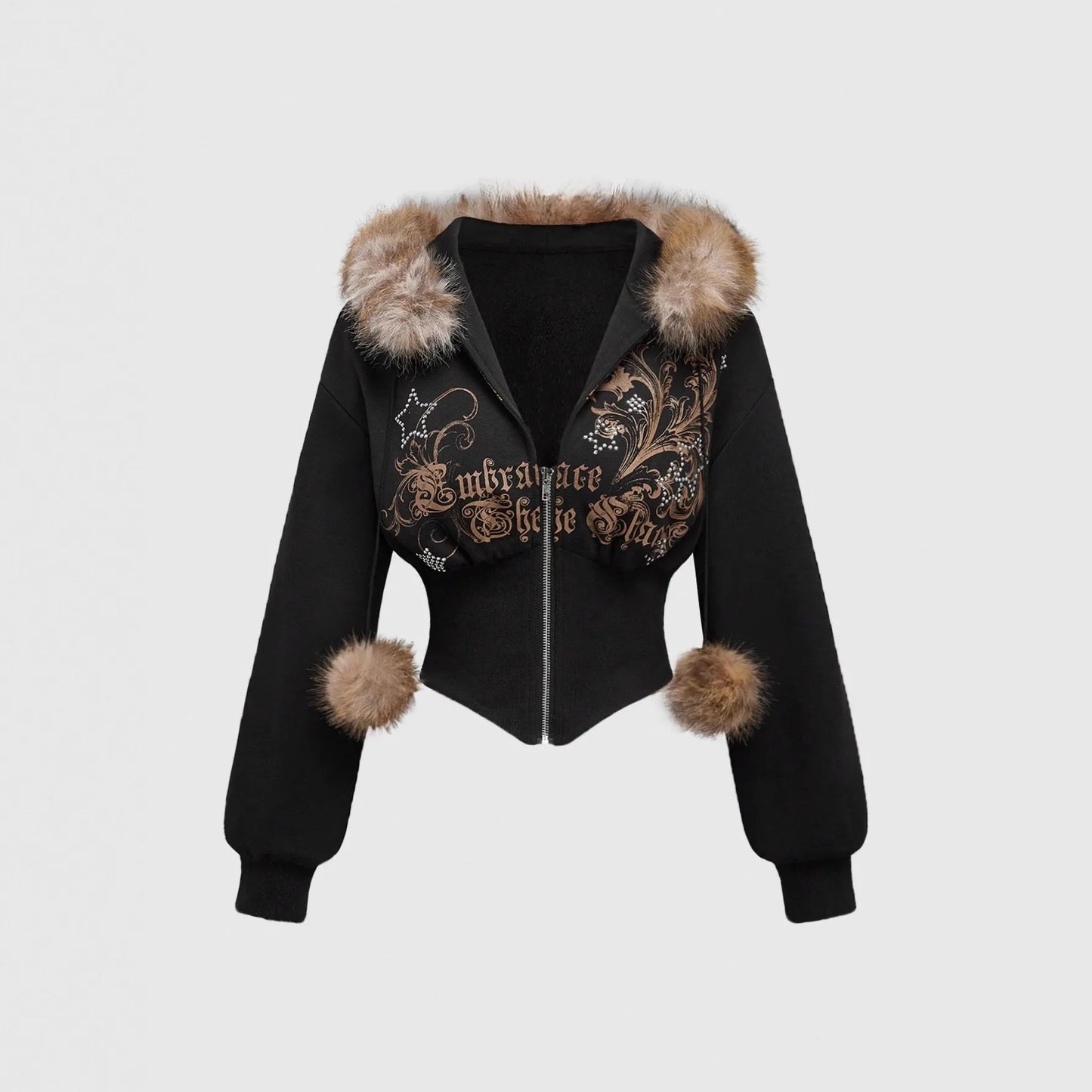 Winter Warm Gothic Print Hoodie Women's Clothin Faux Fur Crop Top Zip-Up Sweatshirt Fashion Y2K Streetwear Hooded Jacket 2026New
