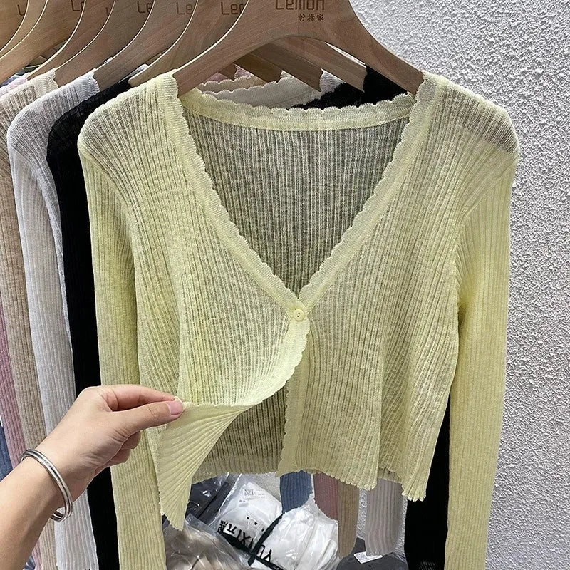 Pastel Crop Cardigan for Women Long Sleeve Button Front Lightweight Knitted Cardi Jacket Top Teen-girl Basic Outfit