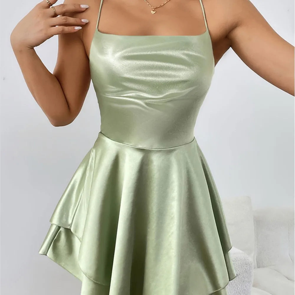 Sexy Dress Mini vestidos Elegant Bodycon Spaghetti Strap solid Color Leace-up Fashion Simple Style Banquet Backless Ruffles Slim