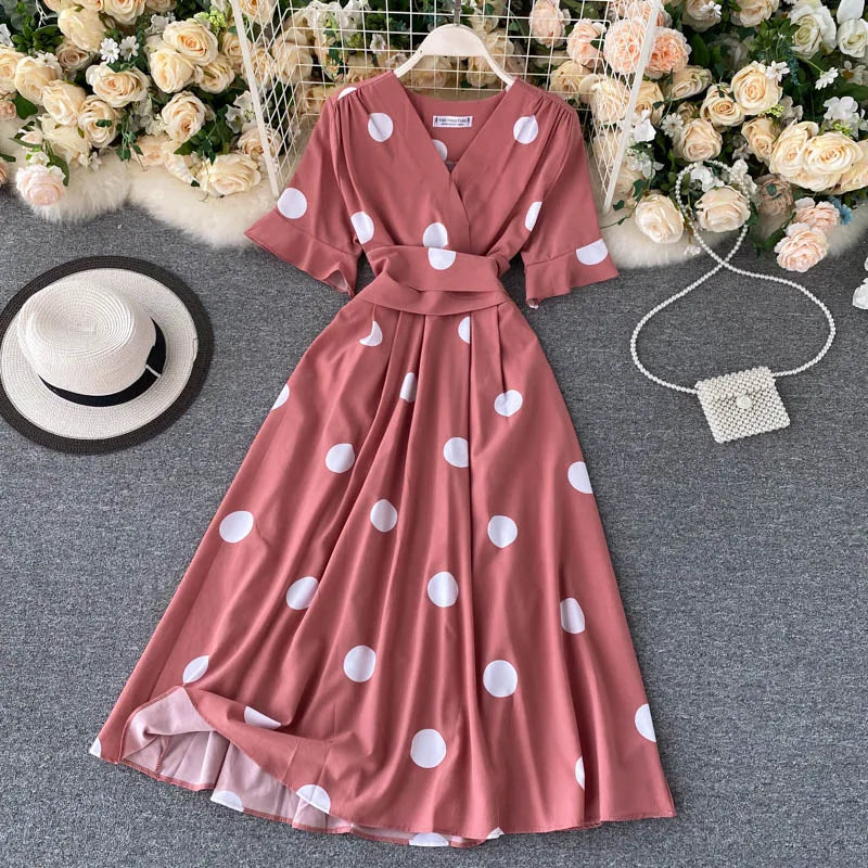 YuooMuoo Chic Polka Dot Print Women Dress Summer Vintage Swing Midi Party Dress