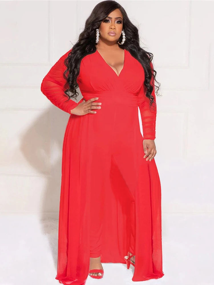 2 Piece Sets Women Outfit Mesh Lace Sleeves Elegant Pants and Blouse Set Sexy Curve Plus Size Clothes Wholesale Dropshipping