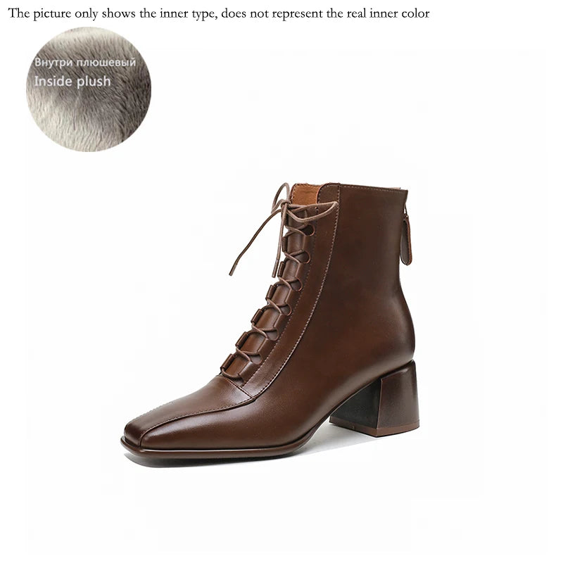 2026 Fashion Women Shoes Split Leather Short Boots Square Toe Chunky Boots Winter Shoes Women Solid High Heel Boots for Women