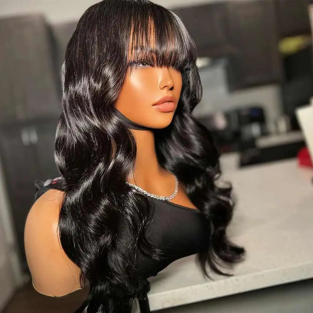 HD Lace Pretty Ombre Brown Body Wave Wig With Bangs 7x5 HD Lace Glueless Wig Cheap Human Hair 4x4 5x5 Invisi HD Glueless Wigs