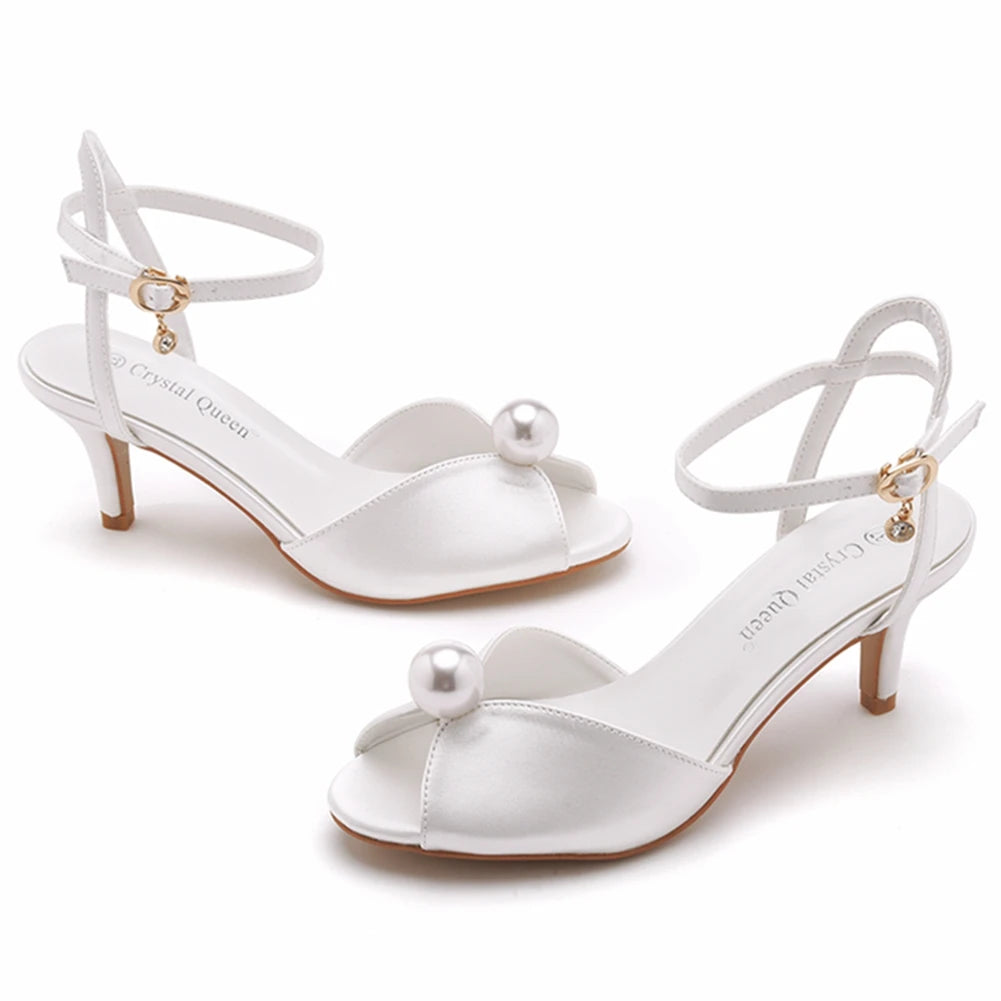 Crystal Queen Banquet Dress Sandal White Silk Pearl Lady Wedding Shoes Women Stiletto Open Toe 6CM High Heels