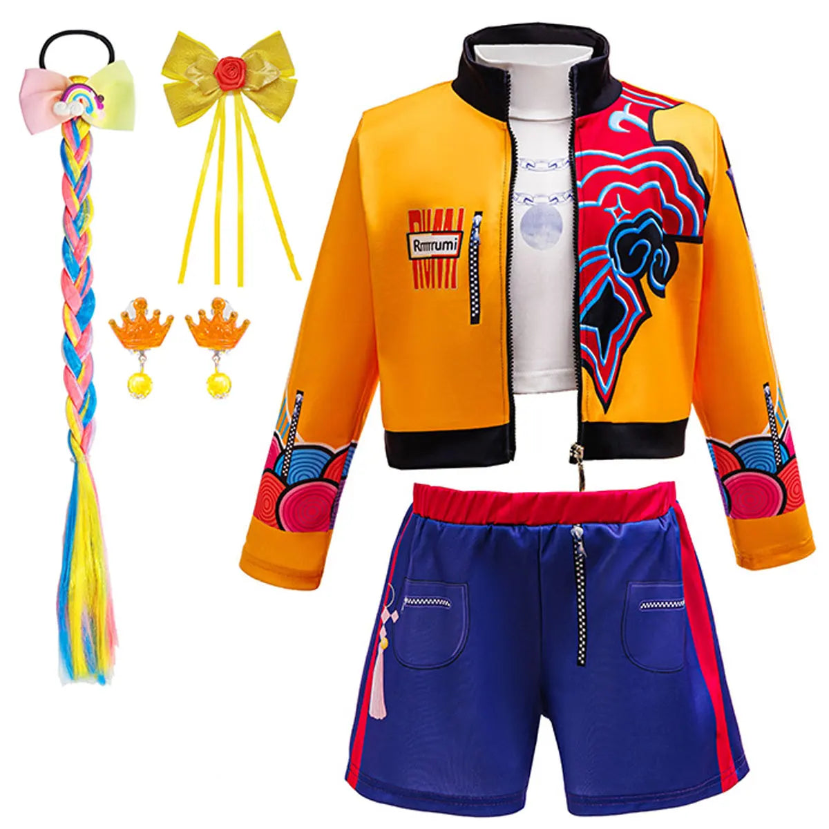 Kids Fashion Outfit Set Girls Printed Jacket Shorts Costume With Purple Braided Crown Accessories Halloween Birthday Party Dress