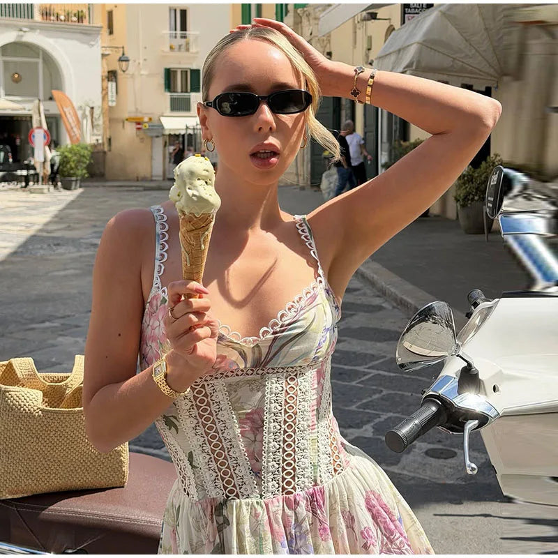 Floral Print Women's Dress Elegant Spaghetti Strap Lace Trim Hollow Out Flowy A Line Dress Lady 2026 Summer New Woman Vestidos