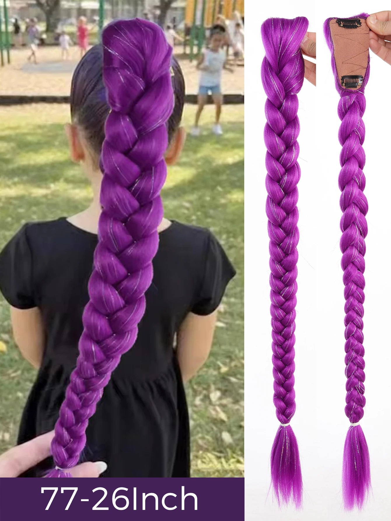 Synthetic 26inch Long Ponytail with Clips Braided Purple Hair Ponytail Rumi Costume Hairstyle for Kids Girls Halloween Christmas