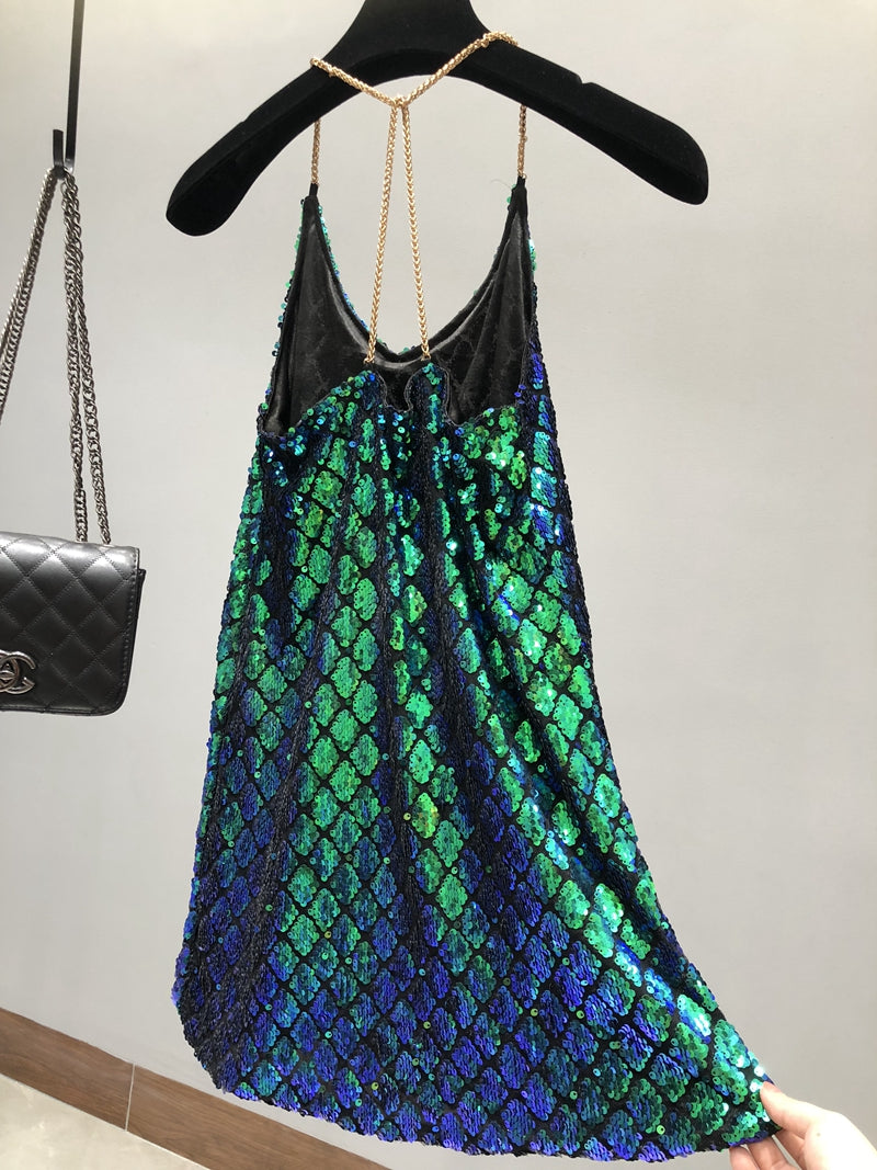 Sexy Dresses Party Night Club Dress 2020 Dress Summer Metal Hanging Neck Sequins Backless Holiday Skirt with Shoulder-straps