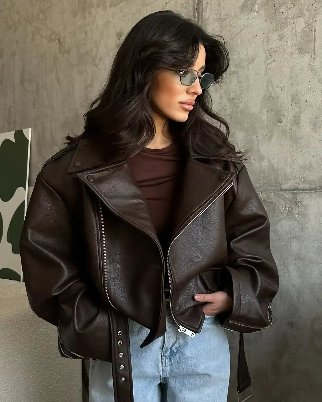 Casual Dark Red Zipper Leather Short Jackets Women Long Sleeve Lace Up Lapel Loose Button Coat Lady Daily High Street Wear 2026