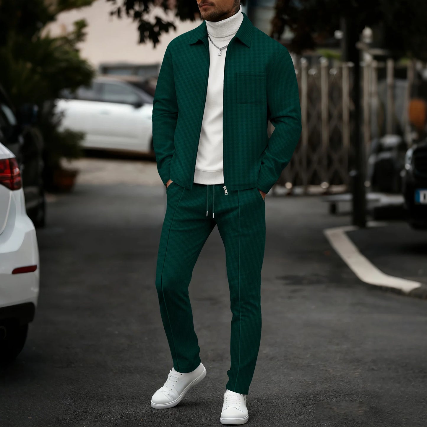Mens Casual 2 Piece Set Waffle Texture Zip Up Jacket + Elastic Waist Trousers Comfortable Lightweight Suit for All