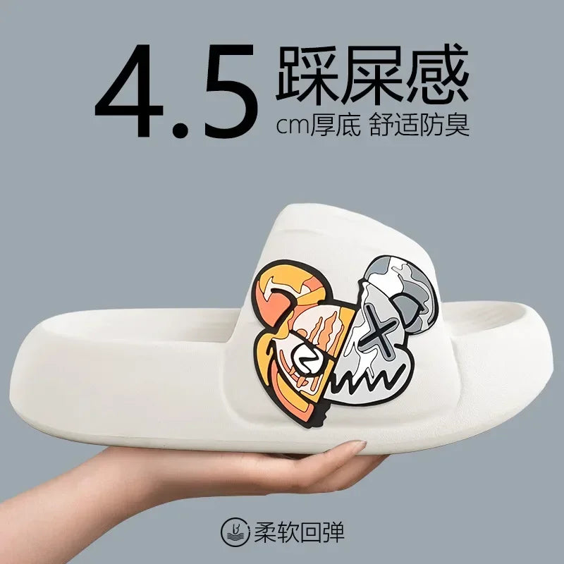 Men's Slippers Cool Bear Stickers Thick-soled Soft Women's Sandals Bathroom Beach Indoor Outdoor Men's Slippers Non-slip2024