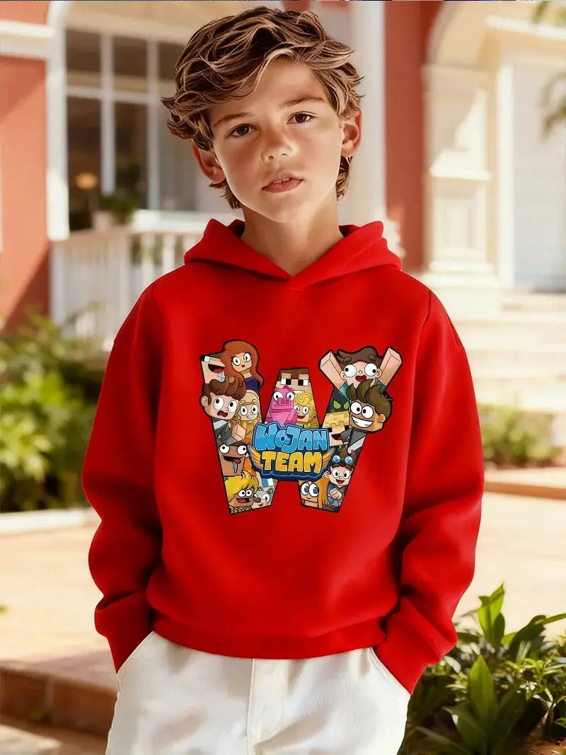 2026Kids'Wojan team character pattern children's hooded sweatshirt, suitable for daily wear in autumn and winter BAZAARHUBO