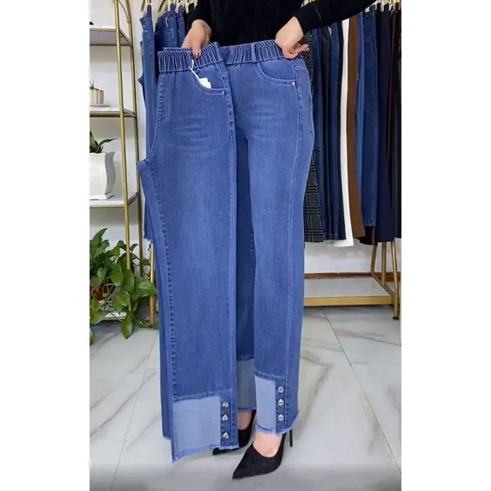 Plus Size Middle Aged Womens Jeans Elastic Waist High Waist Loose Denim Pants