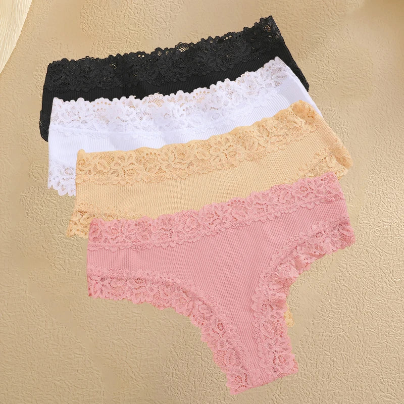 4Pcs/Set Women's Cotton Panties Lace Sexy Brazilian Pants Floral Lace Underwear Trendy Patchwork Briefs Female Soft Underpants