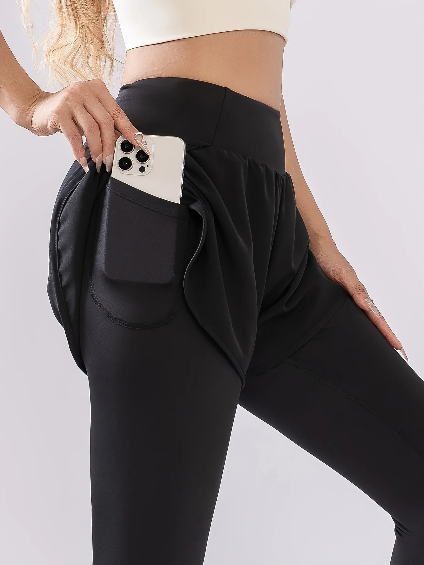 Women's High Stretch Sports Leggings, Fake Two Piece Yoga Pants, Butt Lifting Quick Dry Slim Running Trousers for Tennis Workout