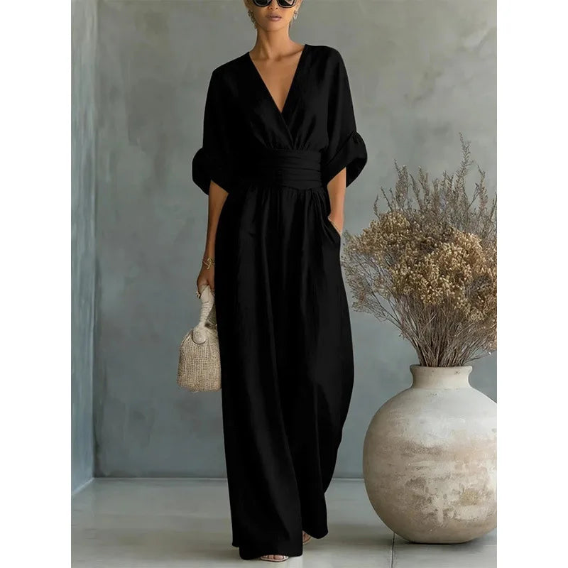 Women's Jumpsuit Fashion High Waist V-neck Casual Jumpsuits Sexy Solid Color Office Wide Leg Trousers Overalls Vacation Outfit