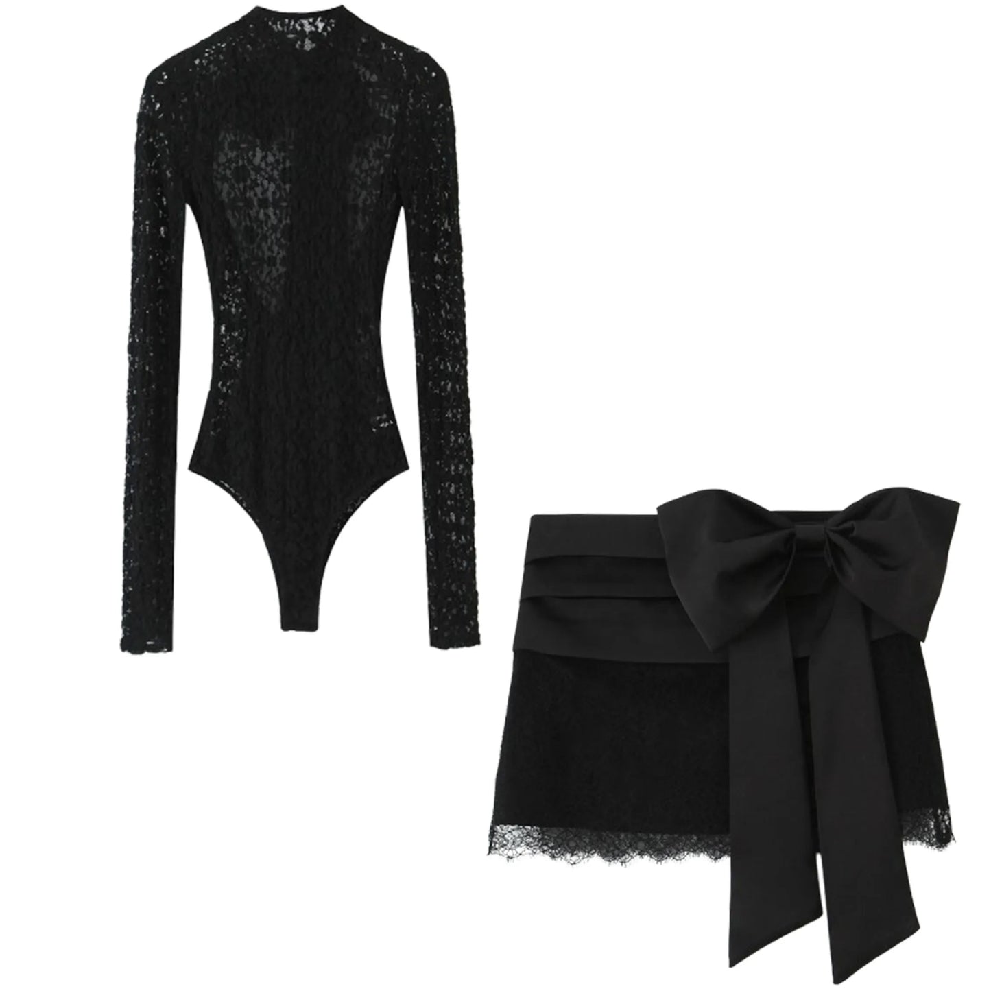 Women 2025 Autumn New Lace Bodysuit Women's Bodysuit Black Cutwork O-Neck Long Sleeves Bodysuits+Splicing Mini Skirt Suit