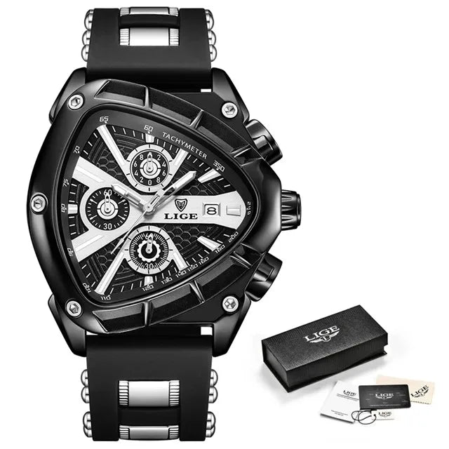 LIGE Sports Triangle Mens Watches Luminous Pointers Fashion Rubber Strap Military Irregular Quartz Wristwatch Waterproof Watch