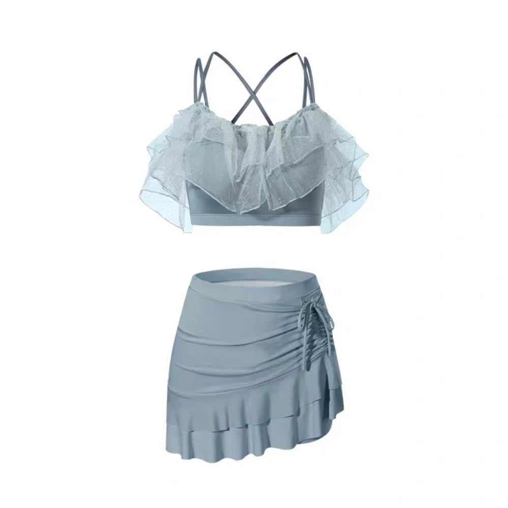Slim Fit A-line Skirt Swimsuit Puff Ruffle Off Shoulder Lace Ruffled Bathing Suit Beachwear Two Pieces Set Swimwear Swimming