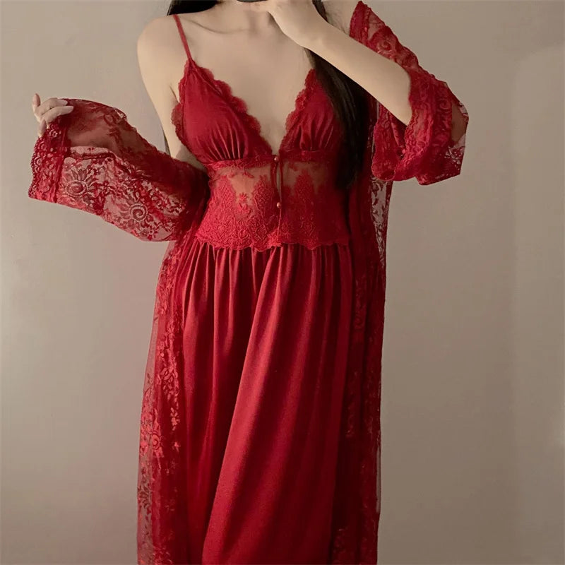 Sexy Two Piece Dress Set Spring Summer Sleepwear Lingerie Lace Sling Long Sleeve Nightdress Women Pijama Suit Ladies Nightgowns