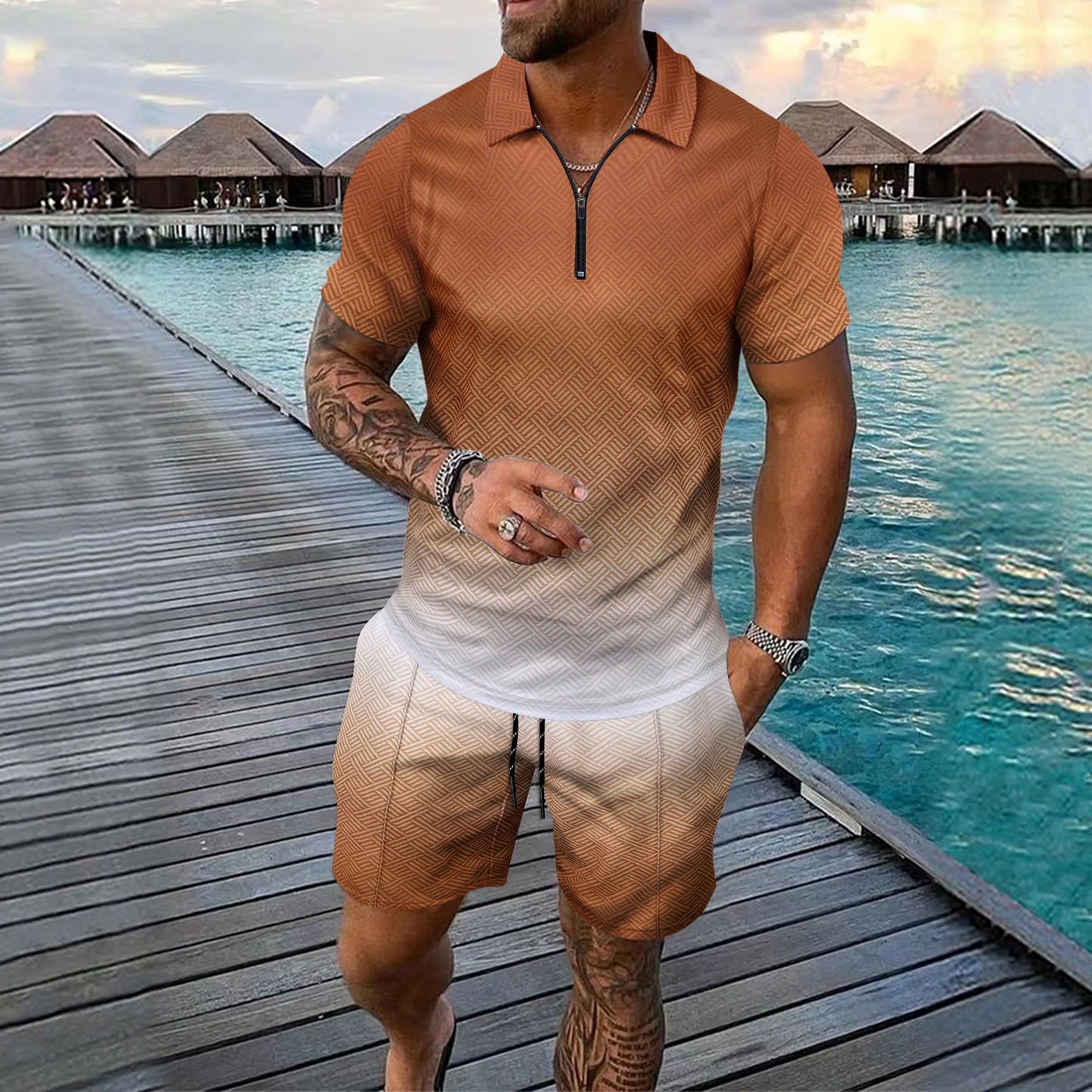 Interesting Men's Short Sleeved Set 3D Checkered Printed Fashionable Zipper Polo Shirt Suit Loose Summer T-shirt Set Ropa Hombre
