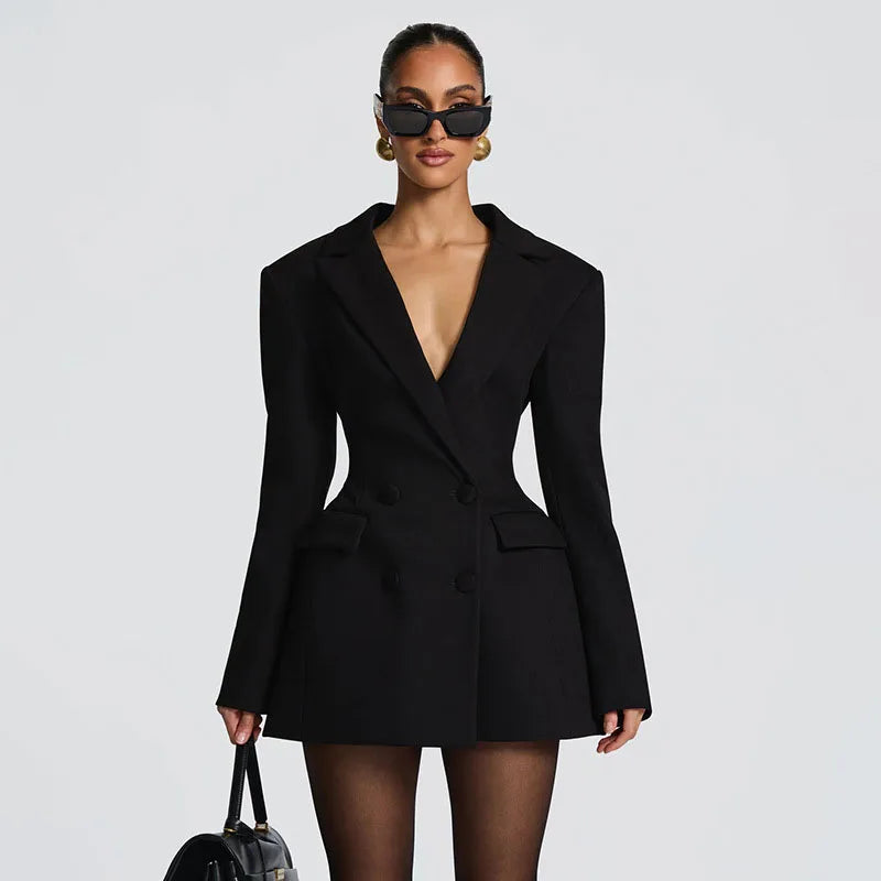 Chic Waist Cinching Women Mini Dress Fashion Full Sleeve Deep V-neck Double Breasted Short Dresses Lady Daily Party Street Gown
